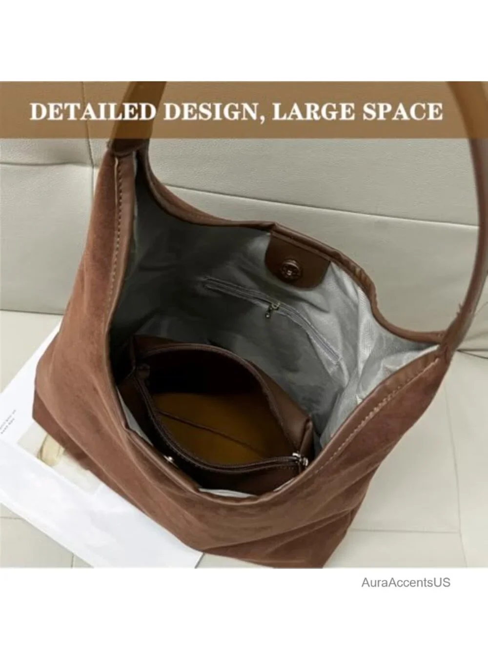 Faux Suede Women's Hobo Shoulder Bag - Slouchy Tote, Magnetic Closure